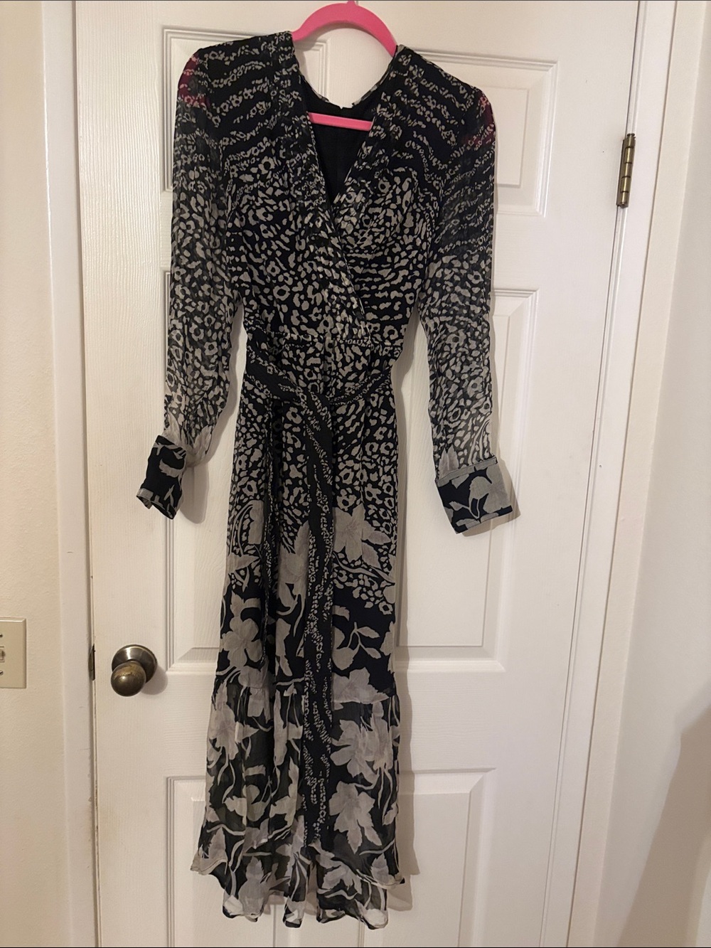 AllSaints Black and Gray Printed Wrap Maxi Dress